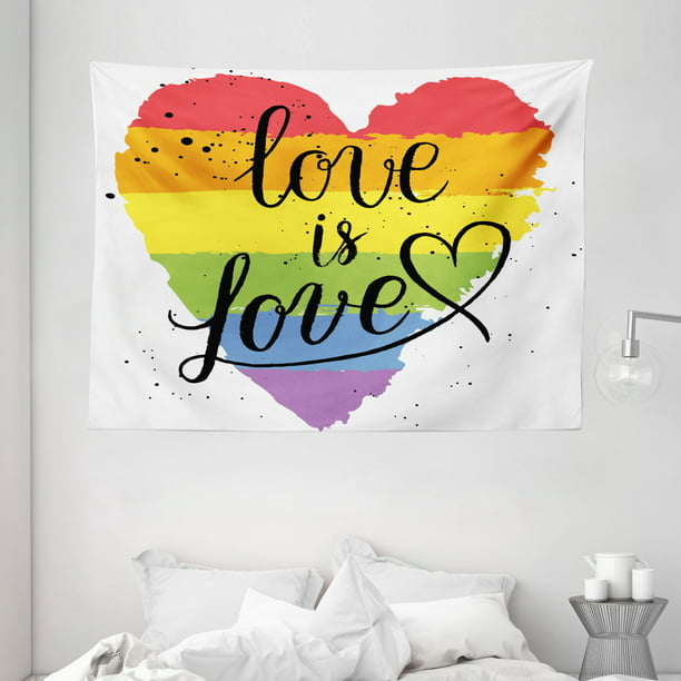 Ambesonne Pride Tapestry Wide Wall Hanging for Bedroom Living Room Dorm LGBT Gay Lesbian Parade Love is Love Hand Writing Paint Strokes 60 X 40 Rainbow White 